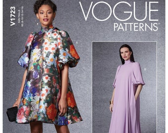 V1723 Vogue 1723 Sewing Pattern Loose-Fitting Lined Pullover Dress Stand Up Collar Side Seam Pockets EASY Sizes 8-16/16-24 31664508939