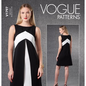 May include: Vogue Patterns sewing pattern for a sleeveless black and white dress with a geometric design. The pattern number is V1797 and the size range is B5 (8-10-12-14-16).