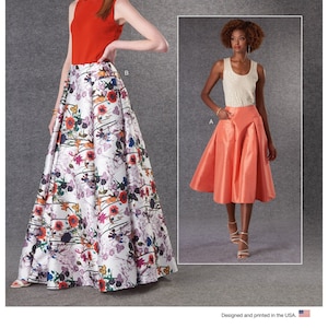 May include: Vogue Patterns V1813 sewing pattern. The image shows two women modeling different skirt and top combinations. One woman wears a red top with a floral print skirt. The other wears a peach-coloured skirt and a white top. The pattern is designed and printed in the USA.