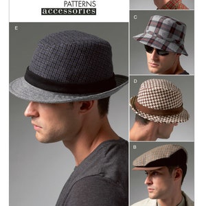 以下が含まれることがあります： 5種類の帽子スタイルのパターンシート。帽子はグレーのフェドラ、グレーのニュースボーイキャップ、チェック柄のバケットハット、茶と白のハウンドトゥースフェドラ、茶と白のツイードニュースボーイキャップ。パターンシートのタイトルは「Vogue Patterns accessories」で、番号「V8869」が記載されています。