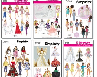 Simplicity Sewing Patterns for 11 1/2" 11.5" Barbie Dolls Casual Clothes Wedding Gowns Costumes Dresses S9662 S1955 S4702 S9769 S8865 S4719
