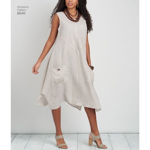 May include: A beige sleeveless dress with a  asymmetrical hemline and two patch pockets. The dress has a simple, relaxed fit and is made of a lightweight fabric. Simplicity Pattern 8640.