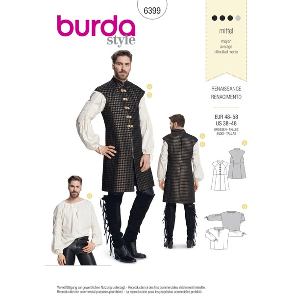 Burda 6399 Sewing Pattern Men's Costume  Littlefinger Game of Thrones GOT Renaissance Shirt Long Vest Sizes 38-48