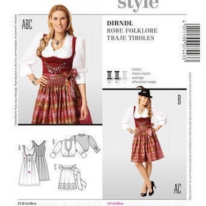 Burda 7443 Sewing Pattern Misses' German Fest Folklore Bavarian Costume Dirndl Oktoberfest Cropped Top Apron Skirt Dress Sizes 10-24