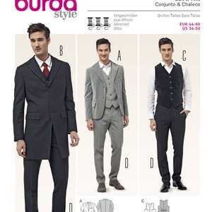 May include: A sewing pattern for a suit and vest. The pattern includes instructions for a three-piece suit with a long coat, a vest, and pants. The pattern is for sizes EUR 44-60 and US 34-50.