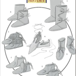 May include: A set of eight different shoe patterns, labeled A through G, for making historical footwear. The patterns are drawn in black and white and include moccasins, sandals, and boots.