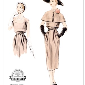 May include: Vintage sewing pattern reproduction for a 1950s dress design. The pattern includes additional size options and cutting layouts. The illustration shows a woman wearing a beige dress with a capelet and a black hat.