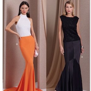 May include: Image of two evening gowns from Vogue Patterns. One features a white halter top and an orange fishtail skirt. The other has a black sequined top and a black fishtail skirt. The image includes the text "Vogue Patterns".