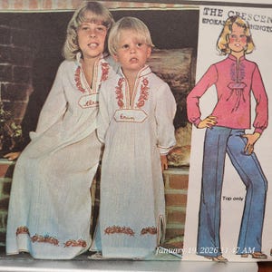 May include: Two children in white dresses with red embroidery and names "Ellen" and "Erin". A fashion illustration shows a pink top and blue jeans. The image is from a vintage magazine.