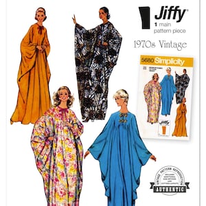 Op de afbeelding: Simplicity naaipatroon S3179, een vintage patroon uit de jaren 70, met kaftan ontwerpen. De afbeelding toont kaftans in verschillende kleuren en patronen, waaronder bloemen en effen opties. Het patroon bevat de tekst "Jiffy" en "easy-to-sew".