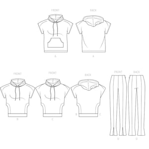 Puede incluir: Dibujo lineal de una sudadera con capucha de manga corta con bolsillo delantero y cordón, que se muestra desde la parte delantera y trasera. También se muestran dos diseños de sudadera con capucha de manga corta adicionales y un pantalón con abertura en el tobillo.