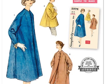 May include: Simplicity vintage sewing pattern S9847 featuring 1950s coat designs. The image shows illustrations of coats in blue, yellow, and brown. The pattern includes additional size options and cutting layouts. The text "SIMPLE TO MAKE" is also visible.