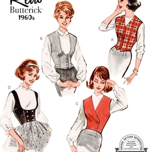 May include: Retro Butterick 1960s vintage sewing pattern featuring four different vest designs. The vests are in red, gray, and black, with white blouses. The pattern includes additional size options and cutting layouts.