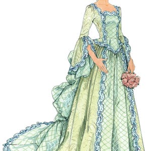 May include: A watercolour illustration of a pale green and blue historical gown with a long train. The dress has a square neckline, ruffled sleeves, and blue lace trim. A small bouquet of pink flowers is held.