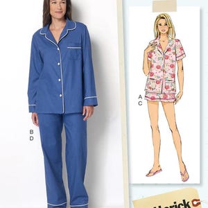 May include: A woman wearing blue pajamas with white trim stands next to a pattern illustration of pink floral pajamas. The pattern is labeled "Butterick" and shows a short-sleeved top and shorts set.