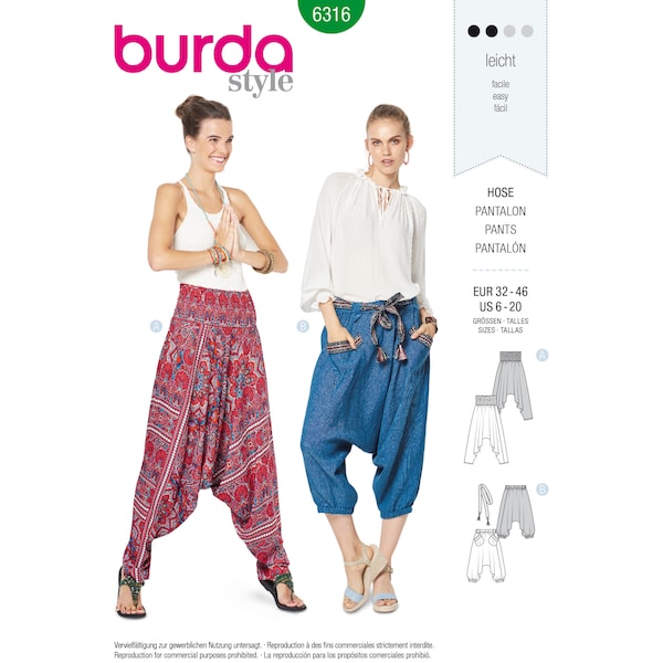 Burda 6316 Sewing Pattern Misses' EASY Harem Pants 4011199063161 Sizes 6-20 Pantalon Facile Tailles 32-46