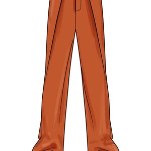 May include: Wide-leg pants in a burnt orange color with a belt and a drawstring tie. The pants have pleats at the front and are cuffed at the bottom.