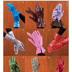 May include: A Vogue Accessories pattern featuring various glove designs. The image showcases gloves in blue, brown, lavender, silver, pink, red, green, and leopard print. The gloves have different styles, including long, short, and those with bows and embellishments.