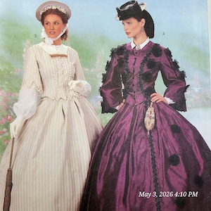 May include: Two women in vintage dresses. One wears a cream-colored striped dress with a matching hat and gloves. The other wears a deep purple dress with black lace accents, a small hat, and a matching purse. The image has the text "May 3, 2026 4:10 PM".