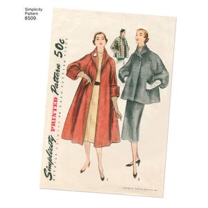 May include: Simplicity Pattern 8509 features illustrations of three coat styles. One figure wears a long, rust-coloured coat over a beige dress. Another wears a dark, cropped coat with a matching skirt. A third wears a plaid, hip-length jacket.