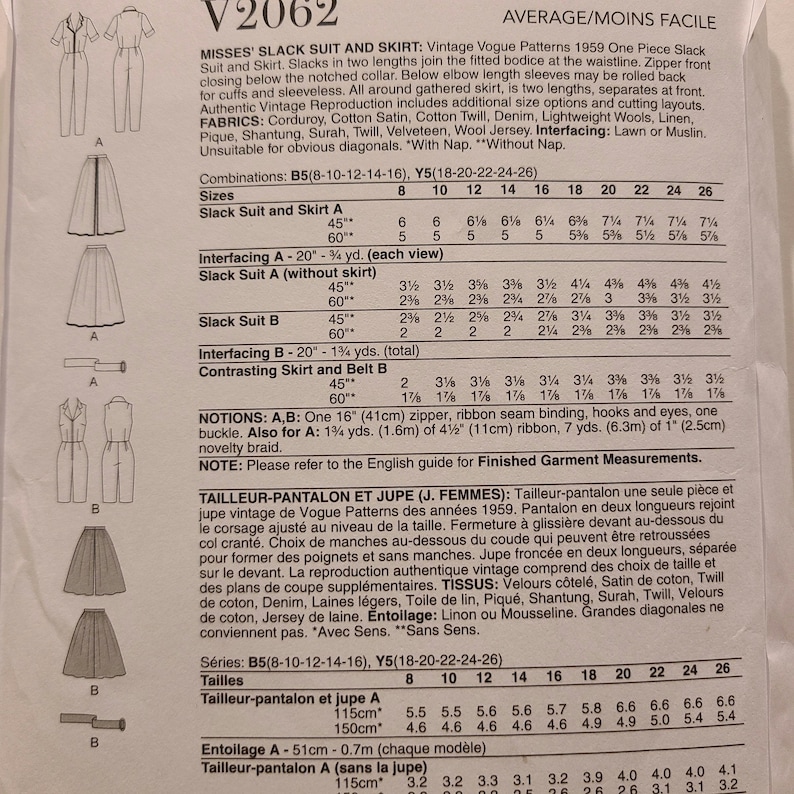 V2062 Vogue 2062 Sewing Pattern Vintage 1950's Design 1959 Slack Suit ...
