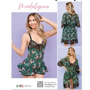 May include: A sewing pattern for a green floral print sleepwear set with black lace trim. The set includes a short romper and a matching robe. The pattern is called "Madalynne".