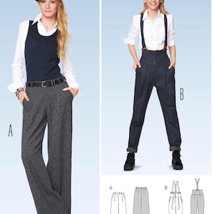 Puede incluir: Dos mujeres vistiendo pantalones de diferentes estilos. La mujer de la izquierda lleva un chaleco azul marino sobre una camisa blanca, un cinturón negro y pantalones grises de pierna ancha. La mujer de la derecha lleva una camisa blanca con tirantes y pantalones vaqueros azul oscuro. La parte inferior de la imagen muestra dibujos lineales de los pantalones.