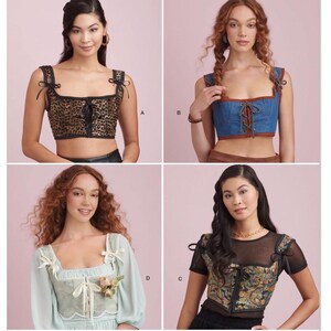 May include: Four different styles of crop tops with lace-up details. The tops are in various colors and patterns, including leopard print, denim, and floral.