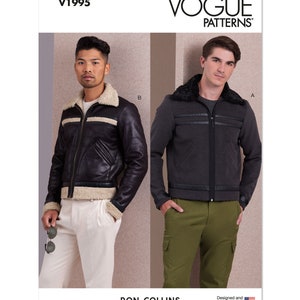 May include: Vogue Patterns V1995 sewing pattern for a men's jacket with a faux fur collar. The pattern includes two variations: a black leather jacket with white stripes and a gray jacket with black stripes. The pattern is designed and printed in the USA.