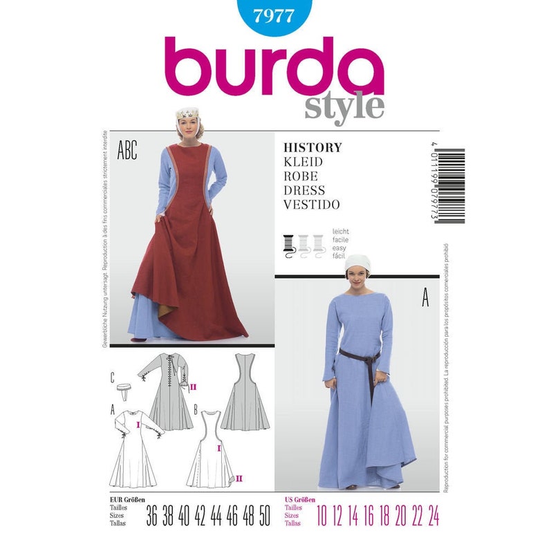Burda 7977 Sewing Pattern Misses' Medieval Early Renaissance Middle ...