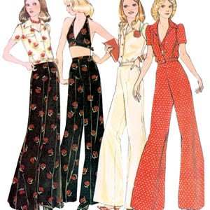 Op de afbeelding: Illustratie van vier vrouwen in outfits in de stijl van de jaren 70. De outfits omvatten een shirt en rok met bloemenprint, een haltertop en broek, een overhemd met knopen en een broek, en een rode polka dot jumpsuit. De outfits zijn in verschillende kleuren.