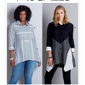 Op de afbeelding: McCall's naaipatroon M7751 toont twee tuniekshirtontwerpen. Eén is grijs met witte strepen, de andere is zwart met grijs en wit gestreepte accenten. Het patroon bevat het Nancy Zieman-logo.