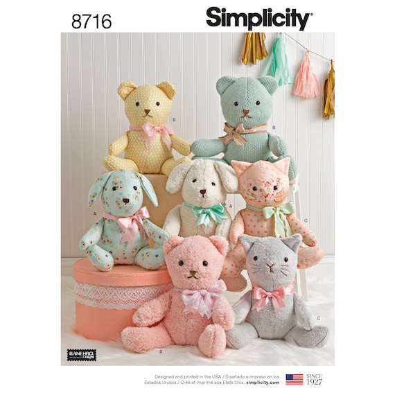 S8044, Simplicity Sewing Pattern Two-Pattern Piece Stuffed Animals