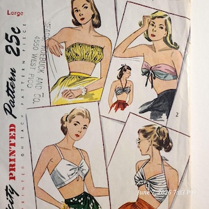 May include: A vintage sewing pattern envelope for a large size, featuring illustrations of four different styles of crop tops and bandeau tops. The text includes Sears, Roebuck and Co., 4550 West Pico, and the price of 25c. The illustrations show various necklines, including strapless, halter, and tie-front designs in yellow, pink, blue, white, and striped patterns.