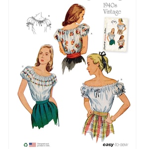 Puede incluir: Patrón de costura vintage de la década de 1940, con ilustraciones de blusas con hombros descubiertos y mangas abullonadas. Las blusas se combinan con faldas. El patrón incluye una pequeña ilustración de los diseños de blusas y el texto "easy-to-sew".