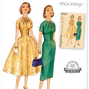 May include: Simplicity 1950s vintage sewing pattern S9849. The illustration features two dresses: a yellow patterned dress and a green sheath dress. The pattern includes size options and cutting layouts. The pattern is authentic and designed and printed in the USA.