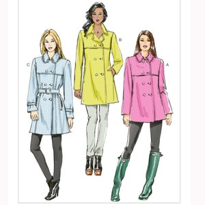 May include: Three different styles of double-breasted coats. The first coat is pink, the second is yellow, and the third is light blue. All three coats have a belt.