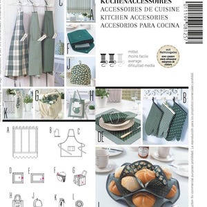 May include: A sewing pattern sheet titled KÜCHENACCESSOIRES featuring various kitchen textile projects including aprons, oven mitts, a bread basket liner, a tote bag, and a tea cozy, displayed with diagrams and finished product photographs.