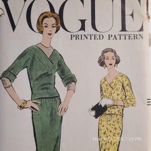 May include: Vintage Vogue Printed Pattern featuring illustrations of two women in dresses. One woman is in a green dress, the other in a yellow floral dress. The Vogue logo is at the top.
