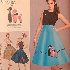May include: A vintage sewing pattern for a 1950s style dress with a poodle applique. The pattern is for sizes 6-14, 32-40, and 34-42. The pattern is called Simplicity 8446.