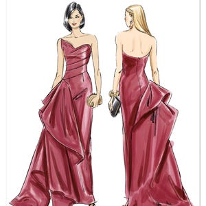 May include: Vogue Patterns sewing pattern featuring a strapless, floor-length gown in a deep red hue. The design includes a draped bodice and a dramatic, ruffled skirt. The image also displays the Vogue Patterns logo.