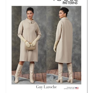 May include: Vogue Patterns V1911 sewing pattern for a beige coat with a collar and long sleeves. The pattern is designed and printed in the USA. The pattern is by Guy Laroche.