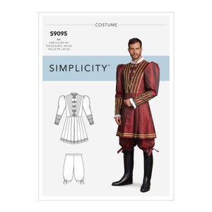 Peut inclure: Un patron de couture pour un costume, comprenant une veste rouge et or à manches bouffantes, un pantalon assorti et une chemise blanche. Le numéro du patron est S9095 et la taille est AA (US 34-42, Euro 44-52, French 44-52). Le logo Simplicity est visible en haut à droite.