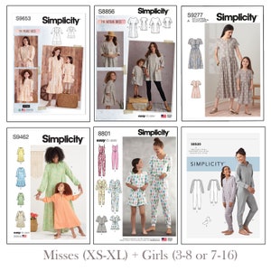 Könnte beinhalten: Ein Set mit sechs Simplicity-Schnittmustern für Kleider und Pyjamas. Die Schnittmuster sind für Damen und Mädchen in den Größen XS-XL und 3-8 oder 7-16. Die Schnittmuster bieten eine Vielzahl von Stilen, darunter ein Bauernkleid, ein Artisan-Kleid, ein Kleid mit Blumendruck, ein Pyjama-Set mit Ananasdruck und einen Kapuzenoverall.