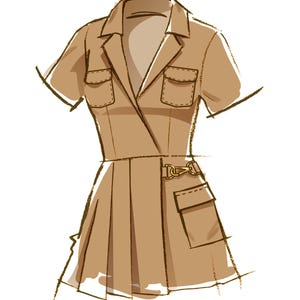 Peut inclure: Une robe de couleur beige avec des manches courtes, un col et un devant croisé. La robe comporte deux poches de poitrine, une ceinture à boucle dorée et une jupe plissée. Le design est une illustration de type esquisse.