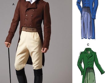 May include: A brown tailcoat with a double-breasted closure and a long, flowing tail. The coat has a high collar and is worn over a white shirt with a bow tie. The model is also wearing white pants and black boots.