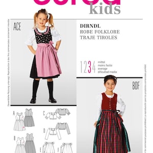 May include: Burda Kids sewing pattern number 9509 for a Dirndl dress. The pattern includes instructions for sizes 104 to 140 (US sizes 4 to 10). The pattern shows a girl wearing a pink and black Dirndl dress with a white blouse. The pattern also shows a girl wearing a red and black plaid Dirndl dress with a white and red striped blouse.