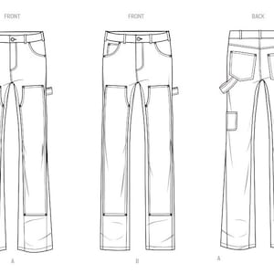 Può includere: Disegno a linea di un paio di jeans con più tasche, mostrato frontalmente e posteriormente. I jeans hanno una gamba dritta e sono etichettati 'A' e 'B'.