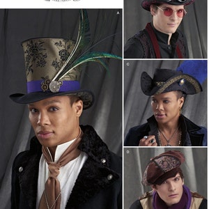 May include: Four different styles of hats, each worn by a person with a different facial expression. The hats are all in a steampunk style, with intricate details and embellishments. The hats are all black, with different colored accents. The hats are all worn by people with different skin tones and hair colors.