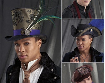 Könnte beinhalten: Vier verschiedene Hutmodelle, die jeweils von einer Person mit unterschiedlichem Gesichtsausdruck getragen werden. Die Hüte sind alle im Steampunk-Stil gehalten, mit aufwendigen Details und Verzierungen. Die Hüte sind alle schwarz, mit verschiedenen Farbakzenten. Die Hüte werden alle von Personen mit unterschiedlichen Hauttönen und Haarfarben getragen.